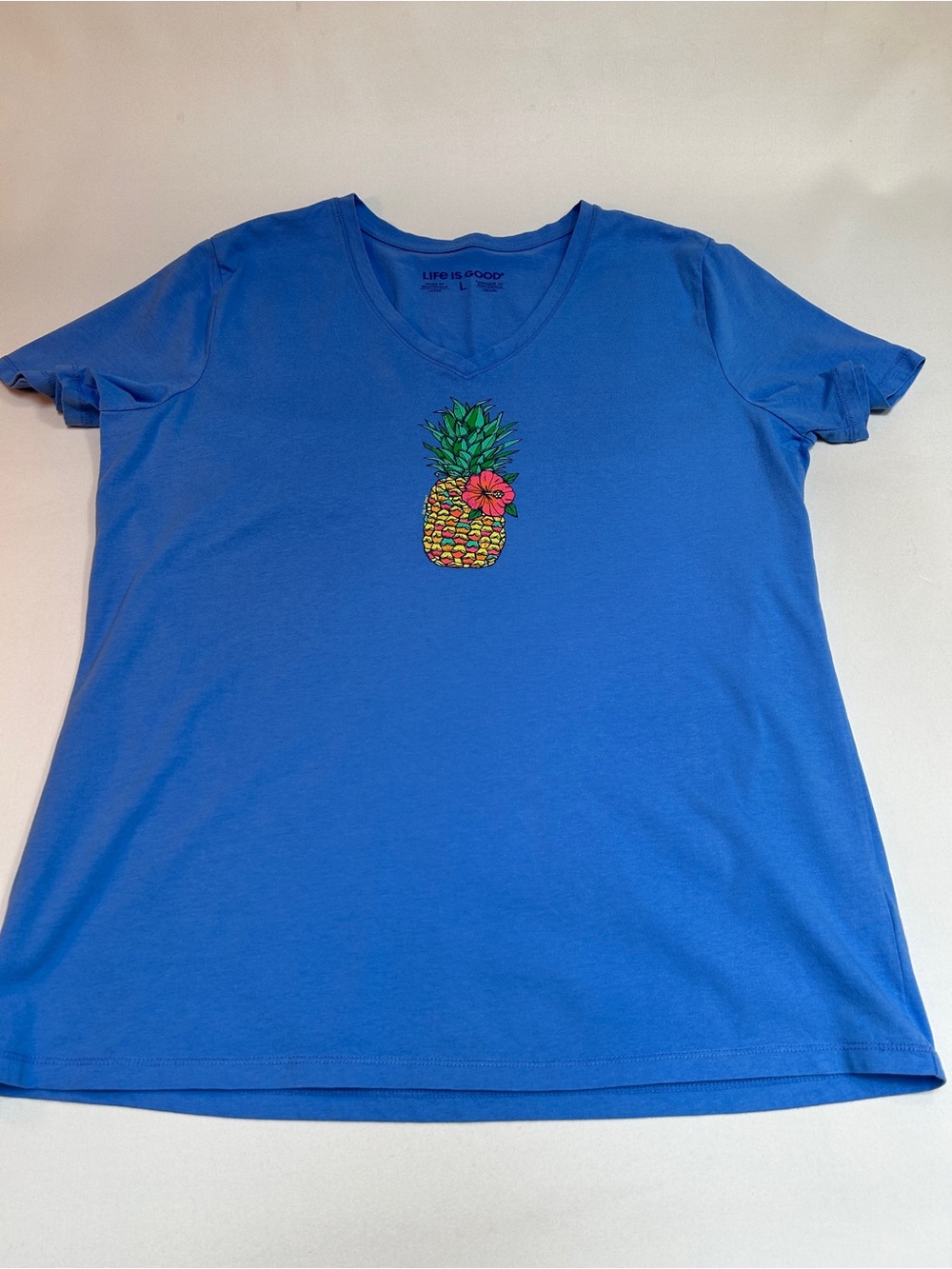 Women's Life Is Good Blue V-Neck Pineapple Tee
